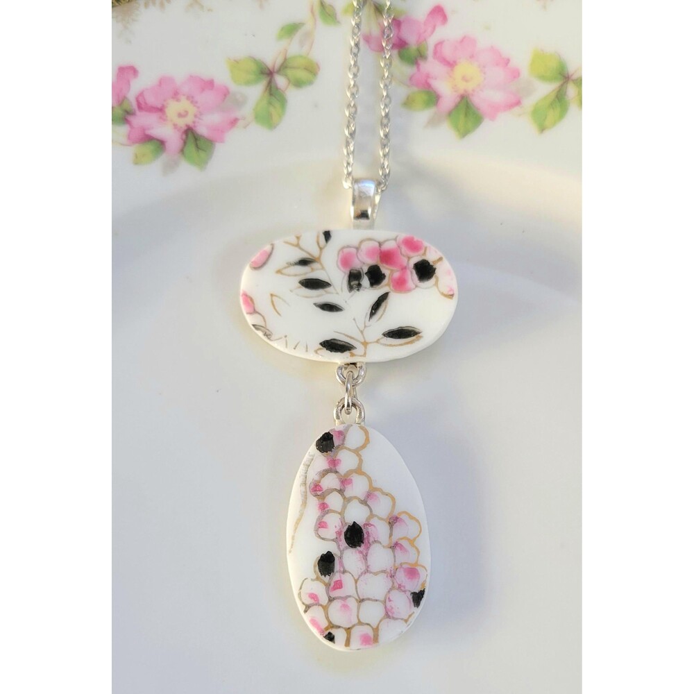 Broken China Pink & Black Porcelain Double Pendant Necklace